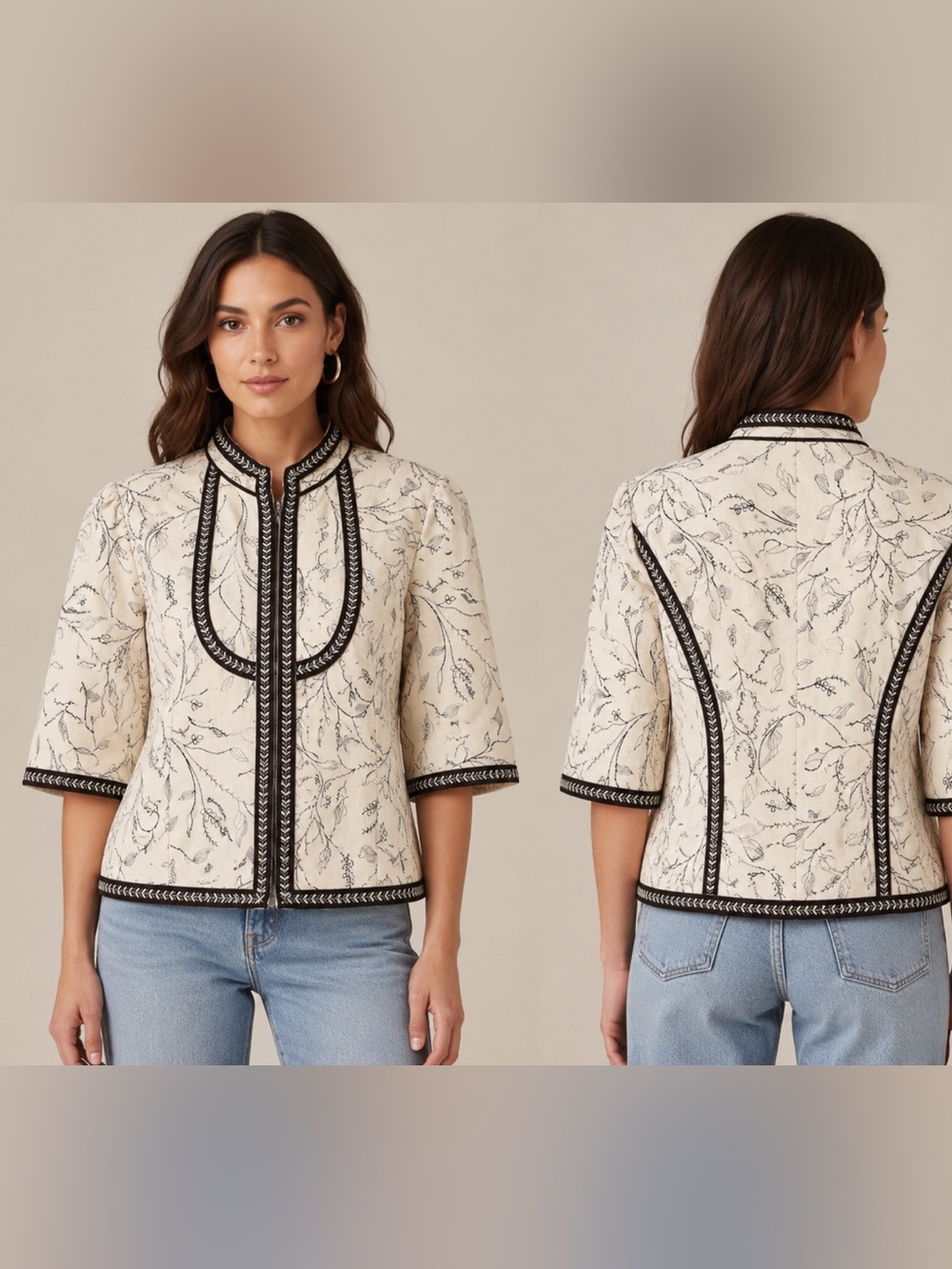 Nygard Collection Petite Linen Blend Embroidered Jacket Size 14 Cream Black Flor